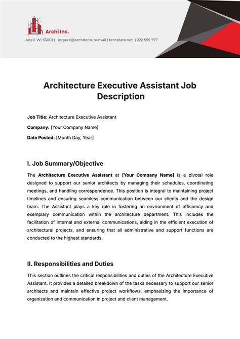 Free Architecture Executive Assistant Job Description Template to Edit Online