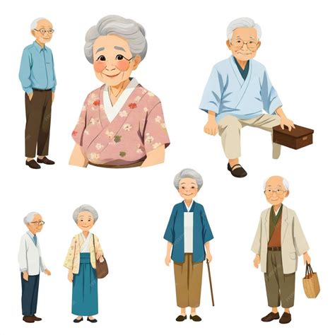 Japanese Grandpa and Grandma vector set white background isolated a ...