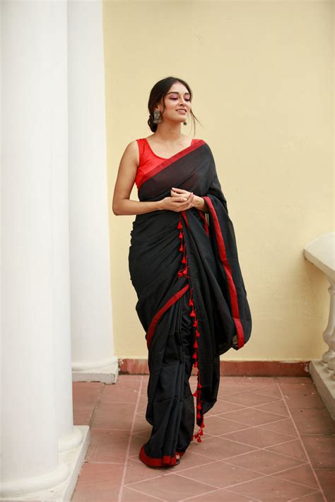 Buy Black Red Soft Cotton Saree Online – RODDUR