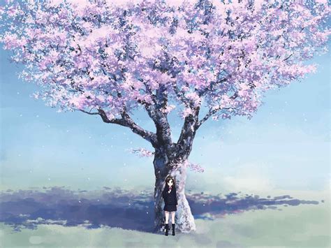 动漫图片-樱花树下的美丽少女 -桌面天下（Desktx.com）