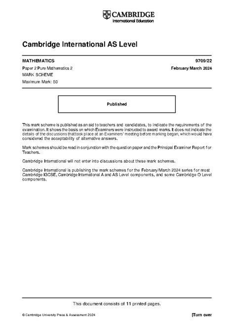 Mathematics 9709/22 Paper 2 Pure Math Mark Scheme - Feb/March 2024 ...