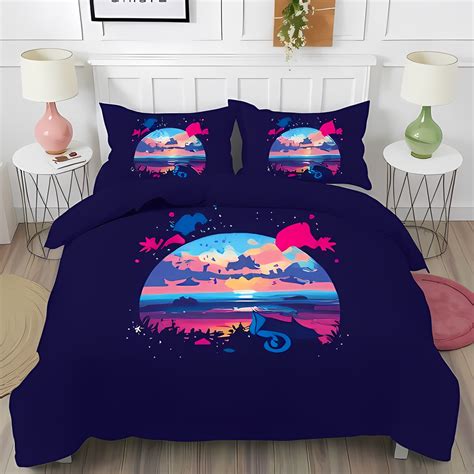 3-Piece Navy Blue Duvet Cover Set with Sunset Design & Matching ...