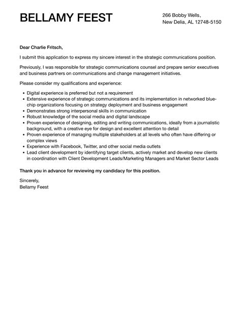 Strategic Communications Cover Letter | Velvet Jobs