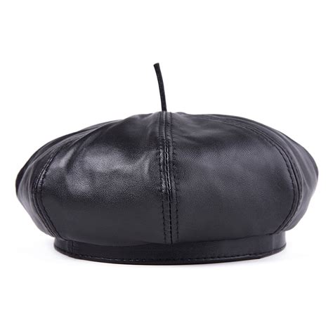 Men French Berets Hat Black Genuine Leather Painters Hat Male Natural ...