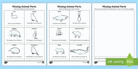 Missing Parts Of Australian Animals Read and Draw Worksheet / Worksheet