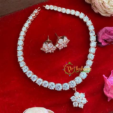Rose Gold American Diamond Choker- Flower Pendant-G3197 – vrikshamindia
