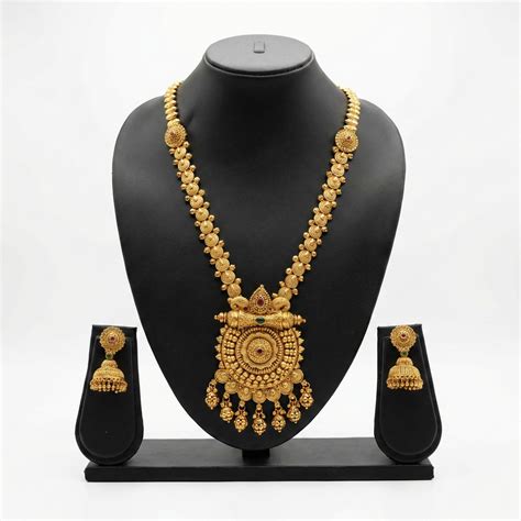 Gold Long Haram Necklace Set with Earrings