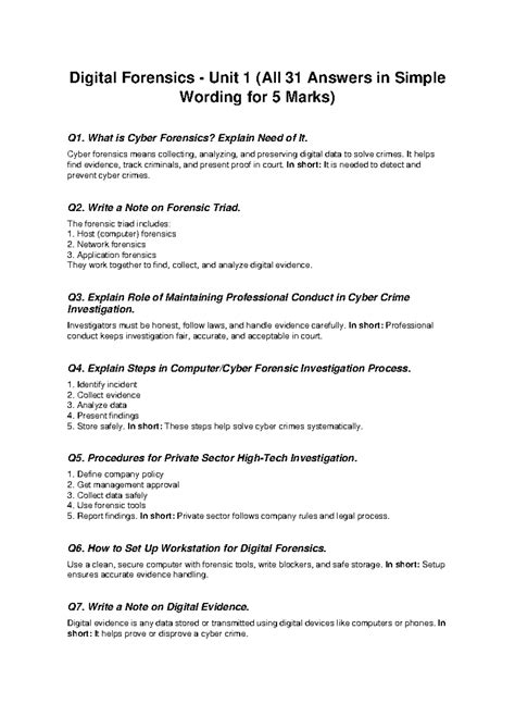 Digital Forensics Unit 1: Comprehensive Answers for 5 Marks - Studocu