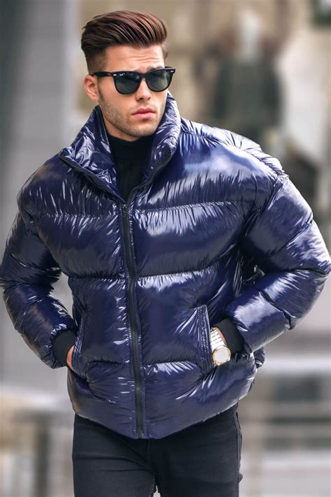 Navy Blue Shiny Basic Puffer Jacket -- Madmext