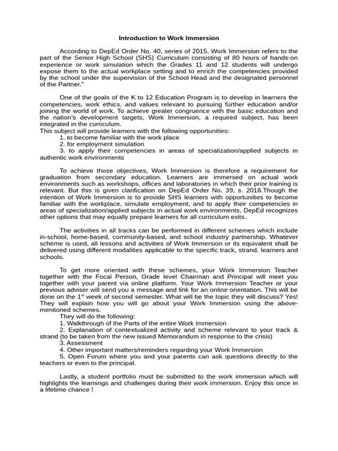 Image result for Work Immersion Introduction Sample