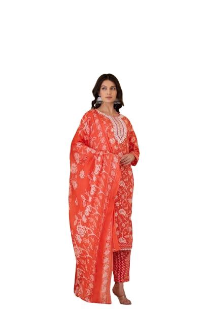 Buy Varanga Women Red Printed Round Neck Straight Kurta With Bottom And ...