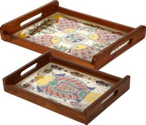 VarEesha Hand Made Teak Wood Madhubani Serving Trays Set with Glass Top ...
