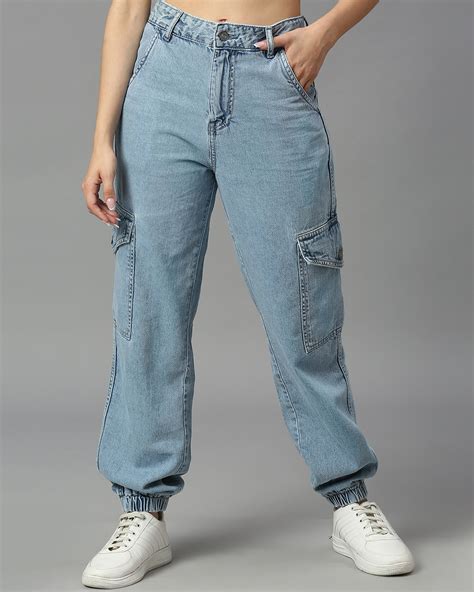 Buy Women's Light Blue Relaxed Fit Cargo Jogger Jeans Online in India ...