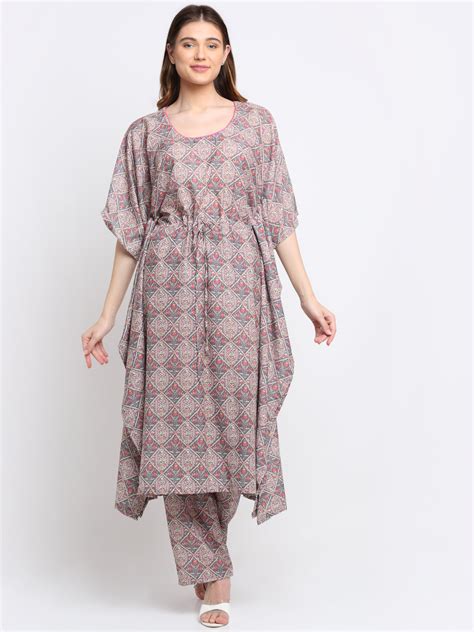 Flowy Grey Printed Kaftan with Straight Pants – anokherang