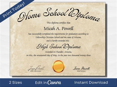 Printable Homeschool Diploma Template Editable High School Diploma 8 ...