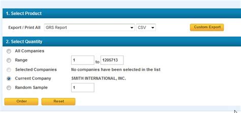 Selecting information to export (Select Product)