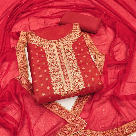 Red Woven Floral Jacquard Dress Material