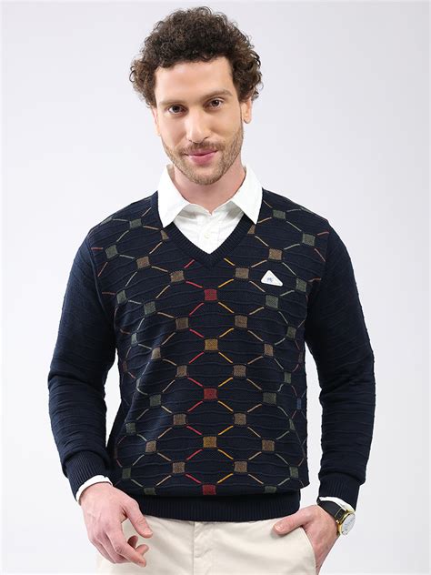 Buy Men Navy Blue Self Design V Neck Full Sleeve Pullover Online in ...