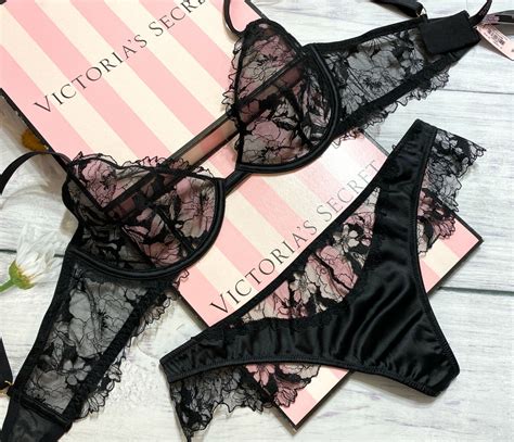 Victoria’s Secret LUXE Lingerie 2 Piece Lace Unlined Demi Bra Thong Set Black | eBay
