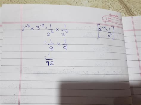 Find the value of 2^-3 x 3^-2 - Brainly.in