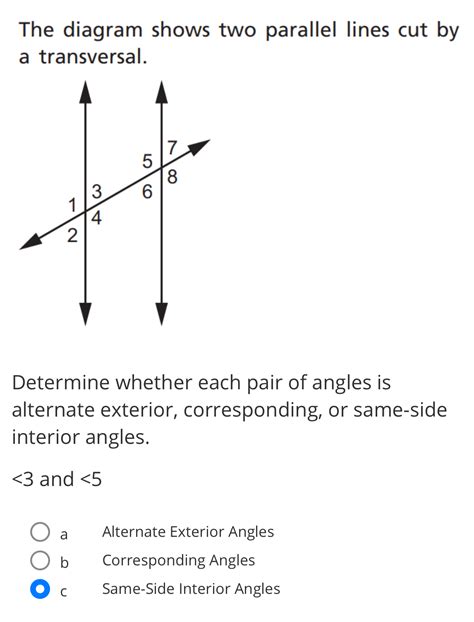 The diagram shows two parallel lines cut by a transversal. Determine whether each pair of [Math]
