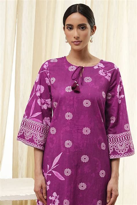 Berry Purple Cotton Straight Suit Set Kurta,Palazzo,Dupatta at Biba Global
