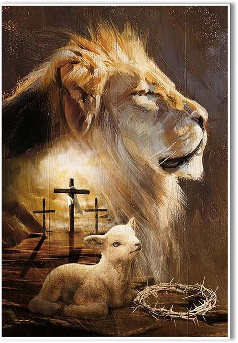 AEFER Lion Wall Art Christian Cross Lion and Lamb Picture Wall Decor ...