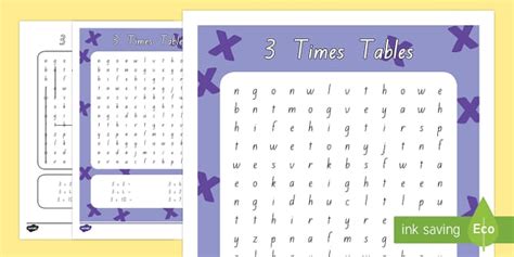 Multiplication 3 Times Tables Word Search Worksheet / Worksheet
