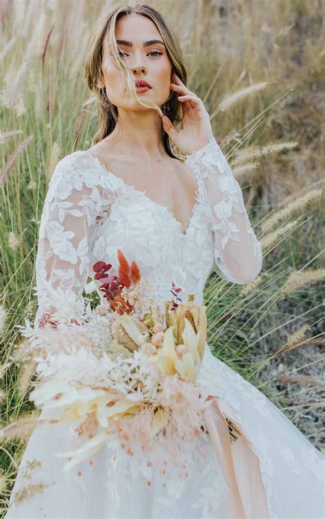 Romantic Lace V-Neckline Wedding Dress with Optional Long Sleeves - Essense of Australia Wedding ...