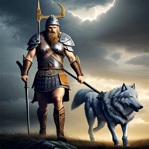 An ancient Viking warrior-god holding a golden spear, walking al ...