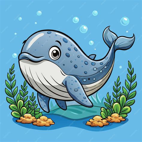 Desenho animado de uma baleia com fundo azul com algas e plantas ...