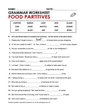 Food Partitives Grammar Worksheet - Blank Fillable Template | Fill Out ...