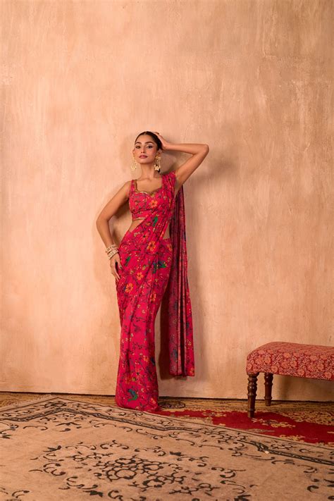 Pink Print Embroidered Choli With Pre-Draped Sari Set – Mehak Murpana