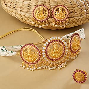 ZAVERI PEARLS Pink & Green Stones Goddess Laxmi Temple & Peacock ...