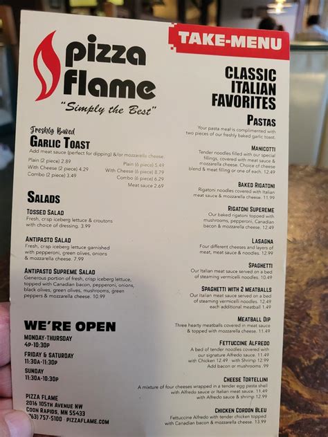 Menu at Pizza Flame restaurant, Coon Rapids