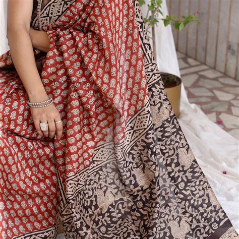 Raktima : Madder Bagru Booti Handblock Chanderi Saree – Gray and Green ...