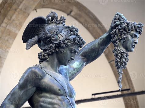 Detail of Perseus holding head of Medusa, bronze statue in Loggia de ...