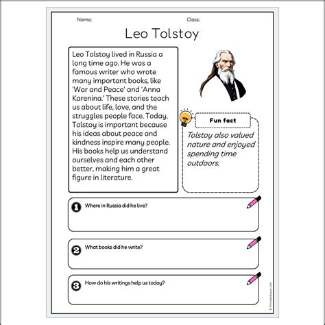 Leo Tolstoy | Reading Passage Comprehension Questions Writing Facts Wo ...