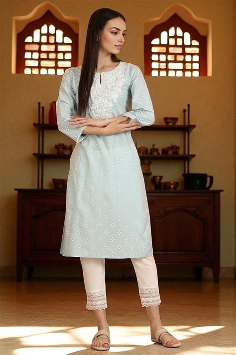 Light Blue Printed Pure Cotton Straight Kurta with Embroidery – wforwoman