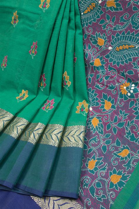 Green Kantha Embroidered Cotton Saree | Avishya.Com – Avishya.com