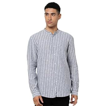 Celio Men Vertical Stripes Light Grey Full Sleeve Mandarin Collar Shirt ...
