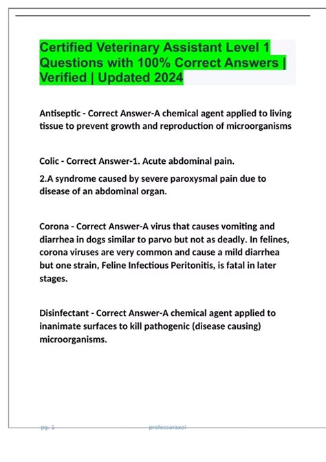Certified Veterinary Assistant Level 1 Questions with 100% Correct ...
