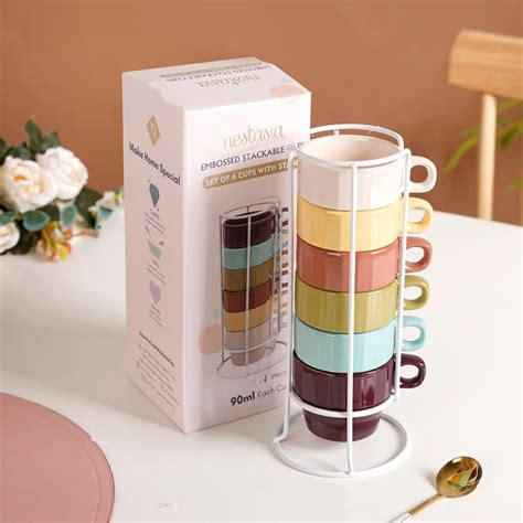 Nestasia Stackable Ceramic Espresso Cups Set of 6 (90 ml) | Colorful ...