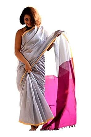 Suta Women's Cotton Saree With Blouse Piece (SUTACOT18_Silver_Free Size ...