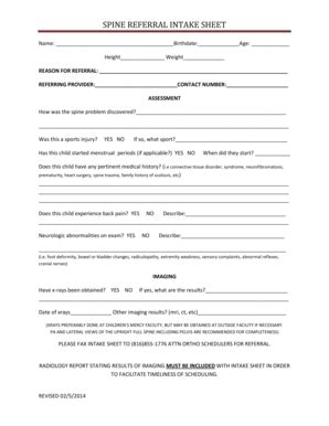 Fillable Online childrensmercy SPINE REFERRAL INTAKE SHEET ...