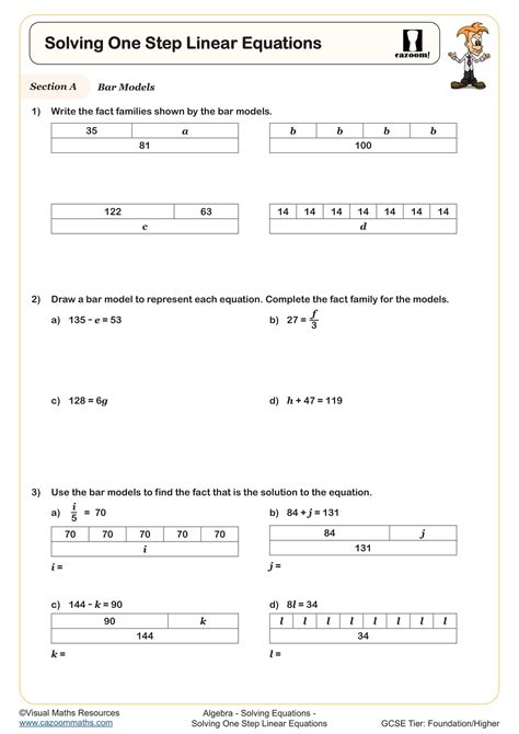 Solving One Step Linear Equations Worksheet | Printable PDF Year 7 ...