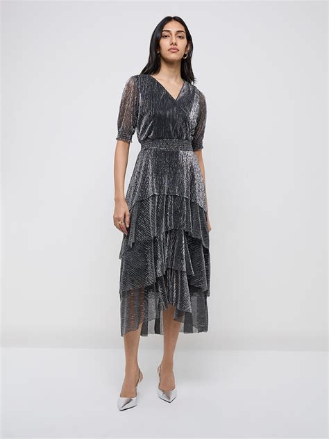 Buy LOV Black Shimmer-Detailed Tiered Dress from Westside