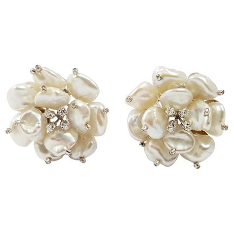 Pearl Diamond Gold Flower Earrings at 1stDibs
