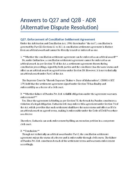 Q27 & Q28 ADR Answers: Enforcement of Conciliation Settlements - Studocu