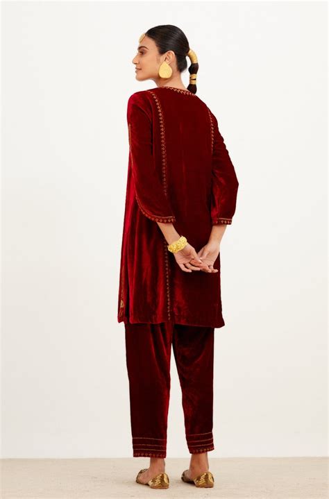 Devnaagri - Maroon Embroidered Velvet Short Kurta Salwar Set